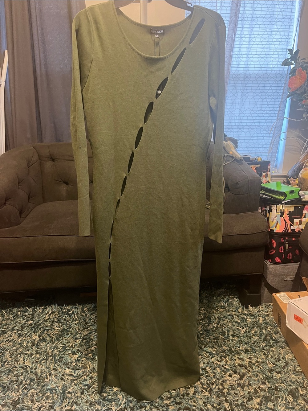 Fashion Nova Olive Green Cutout Maxi Dress